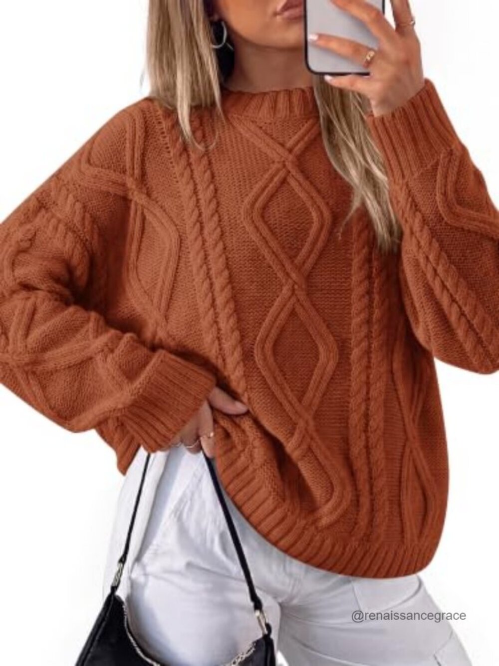 Oversized Cable Knit Pullover Sweater Crew Neck Lantern Sleeve Acrylic